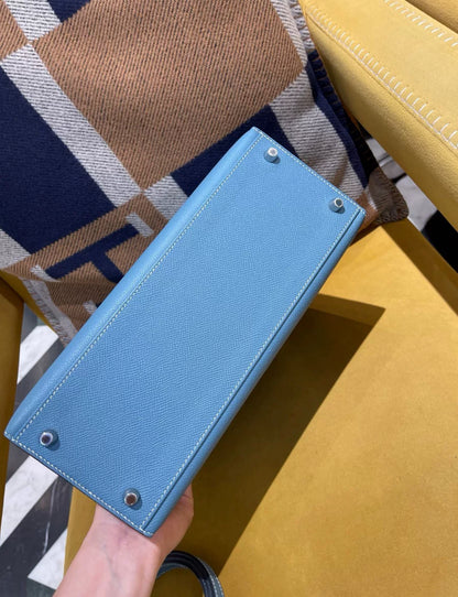 Hermes Kelly 28 Blue Denim Epsom Leather Palladium Hardware