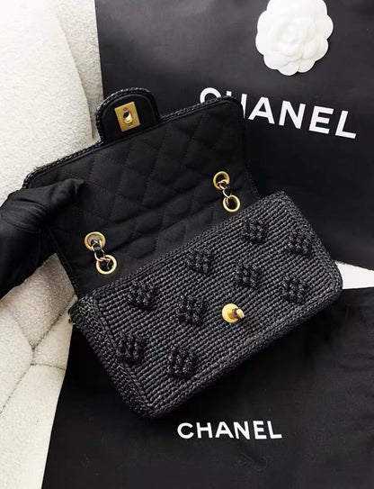 Chanel 24P Black Raffia Woven Classic Flap Bag Handbag 2024 Rare