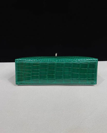 Hermes Kelly Pochette Green Emerald Shiny Crocodile Leather Palladium Hardware