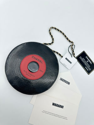 Chanel Black x Red Vinyl Record Motif LP Disc Chain Clutch Bag