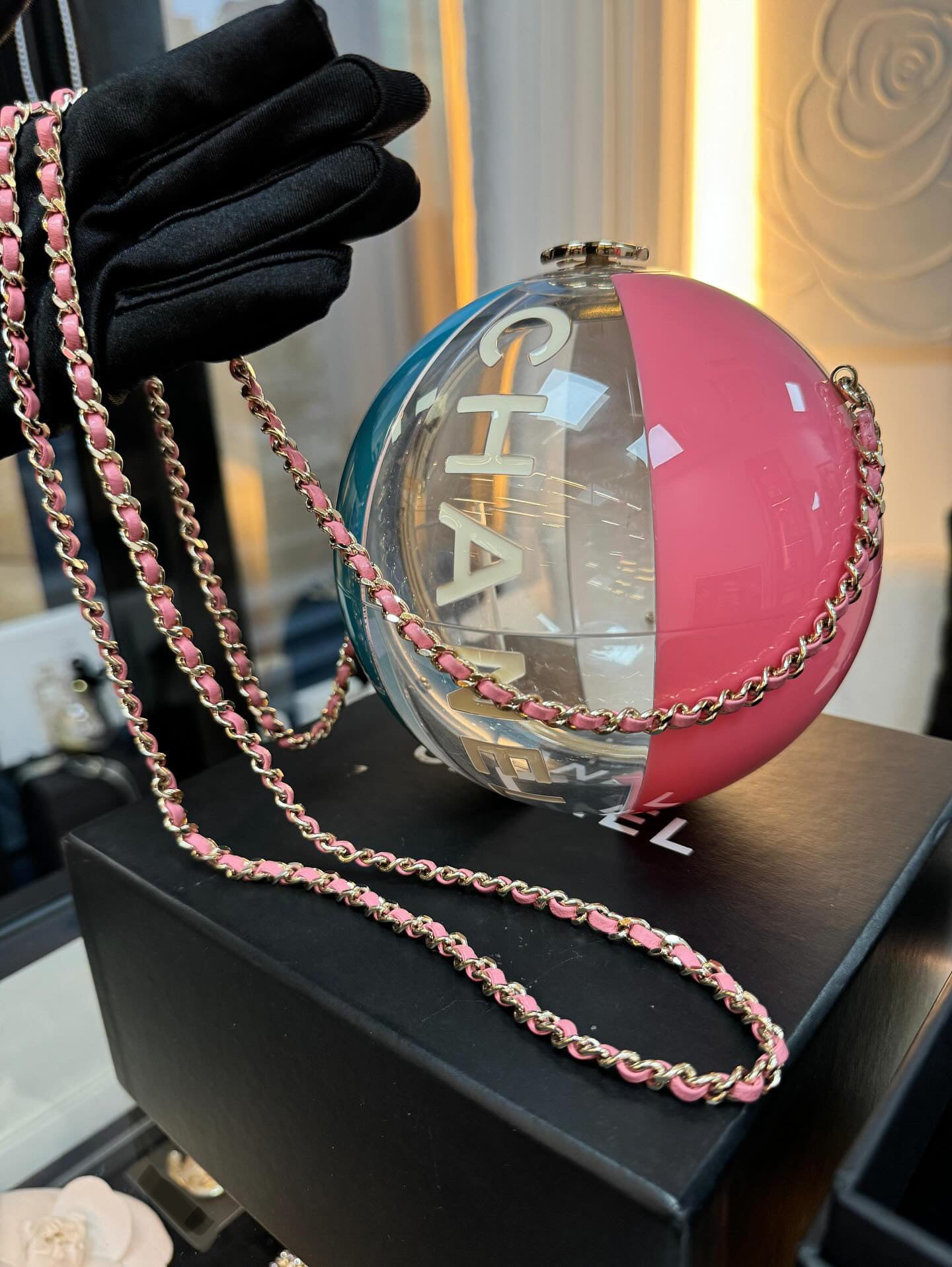 Rare Chanel 2019 Runway White Blue Pink Clear Round Beach Ball Evening Shoulder Bag very good condition full set with original box