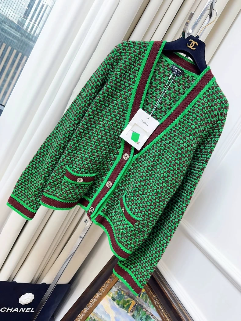 Chanel 23A Green Bordeaux Cardigan