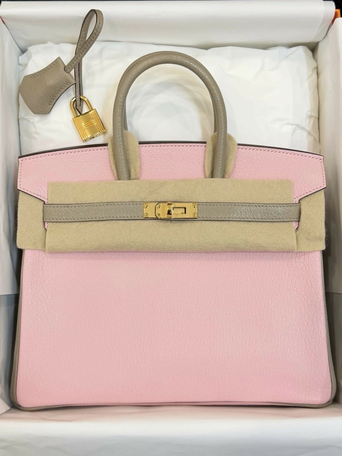 Hermès Birkin 25 Special Order (HSS) Rose Sakura / Cherry Blossom Pink Tricolor Accent Gris Tourterelle W Stamp