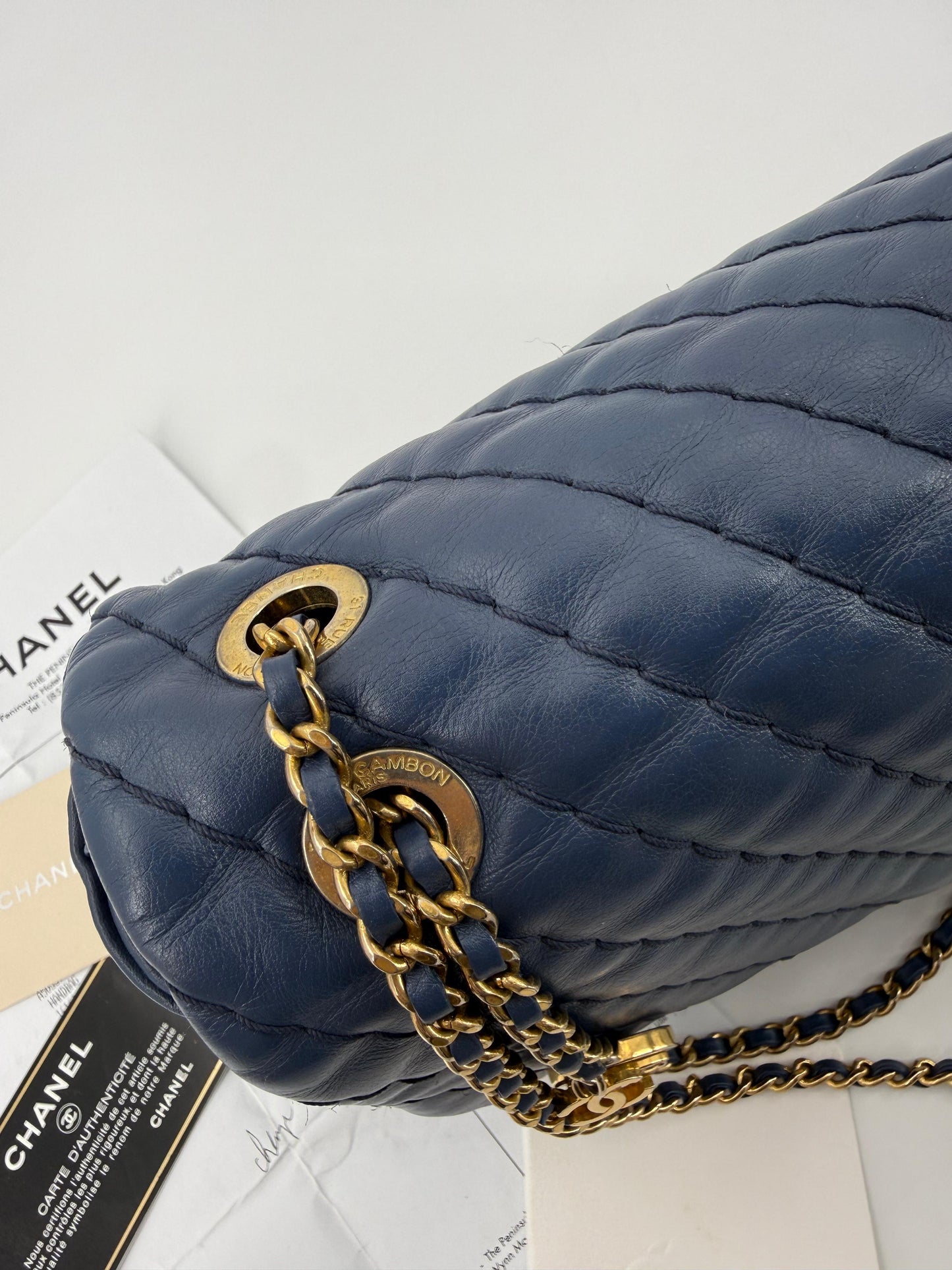 Chanel blue leather flap bag gold hardware