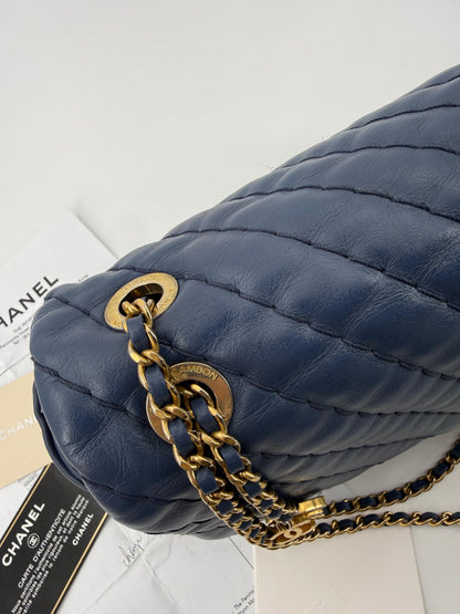 Chanel blue leather flap bag gold hardware