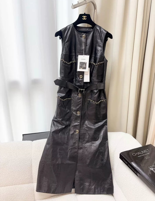 Chanel 23B Long Four-Pocket Leather Chain Jacket with Belt