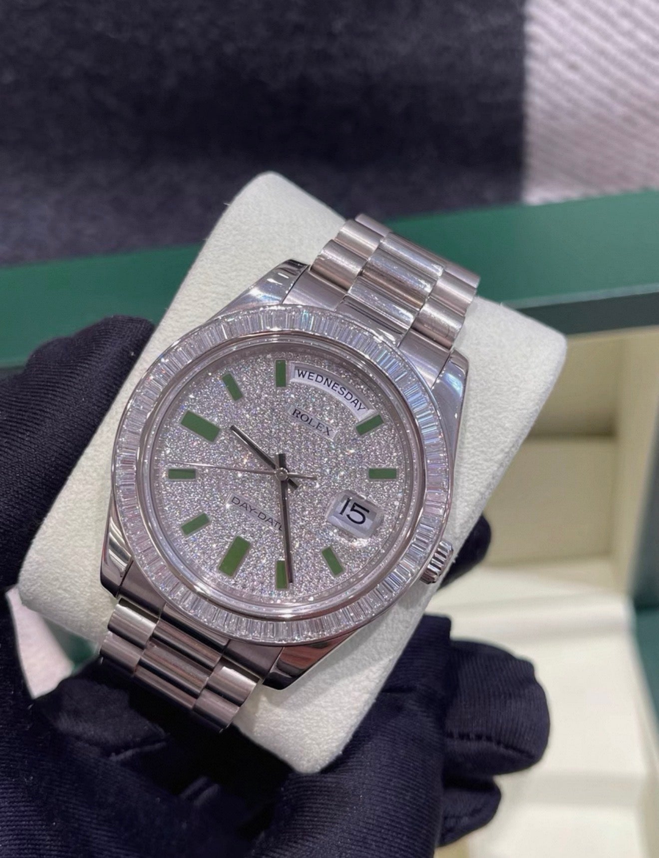 Rolex Day-Date 218399T 18k White gold 
pave diamond with green enamel