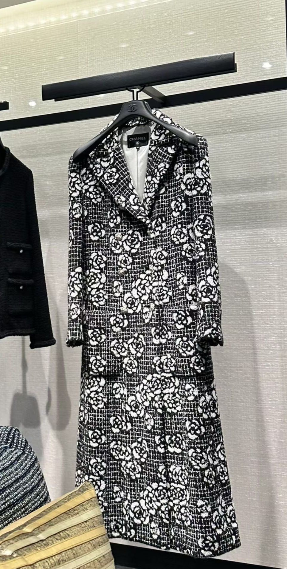 Chanel 22p black tweed camellia long coat