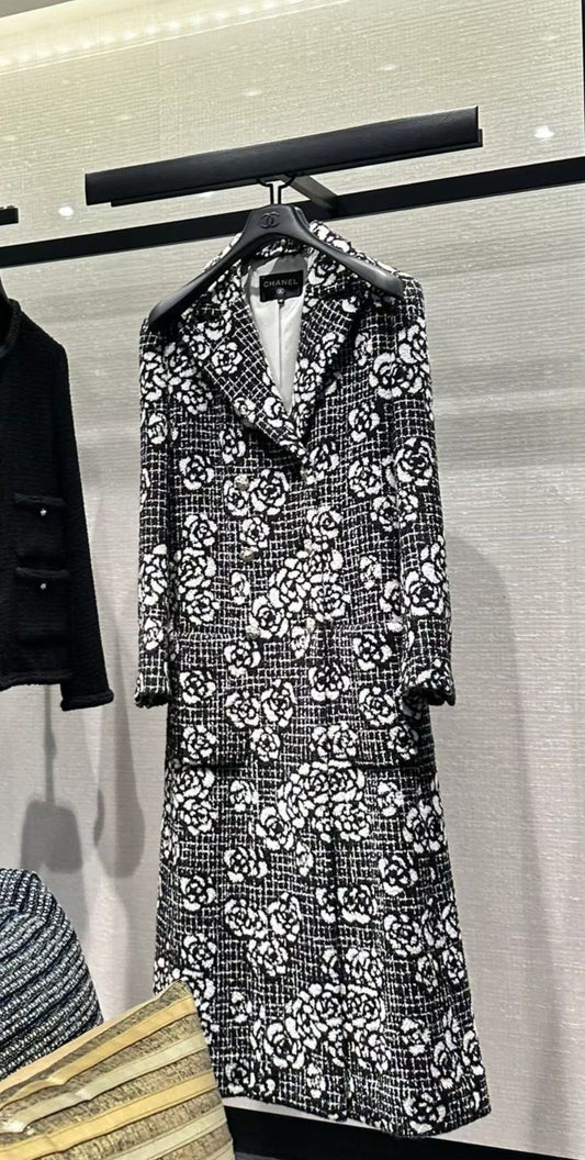 Chanel 22p black tweed camellia long coat