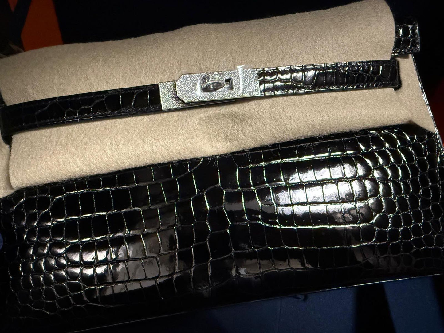 Hermes Kelly Elan Shiny Black Crocodile Diamond Hardware shoulder bag