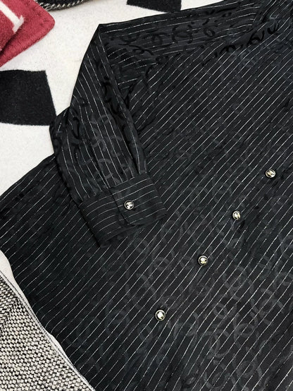 Chanel 23P Dark Double C Print Black Striped Shirt