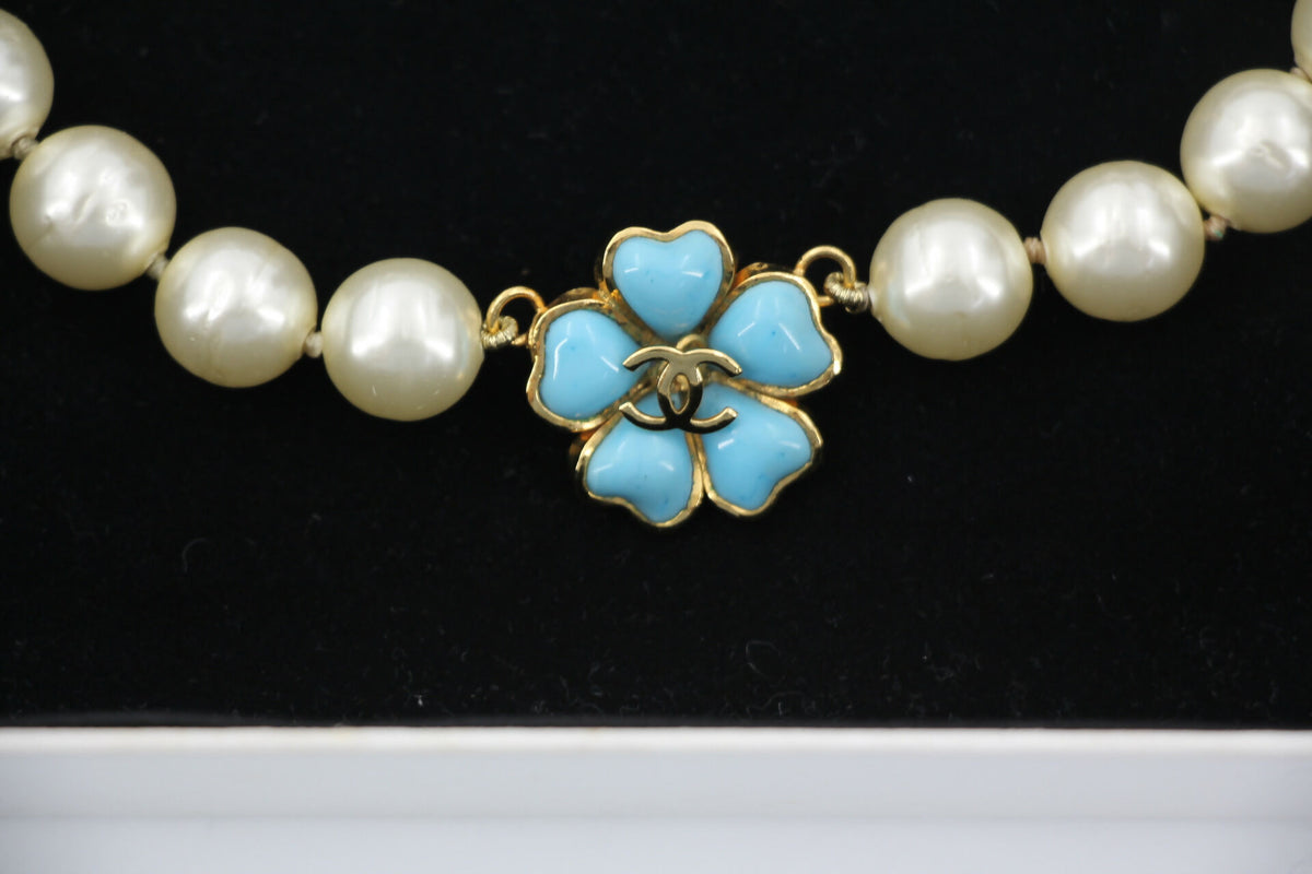 Chanel 97P Blue Gripoix Camellias Pearls Necklace