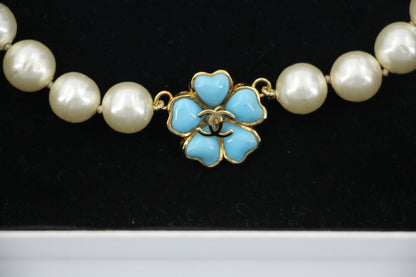 Chanel 97P Blue Gripoix Camellias Pearls Necklace