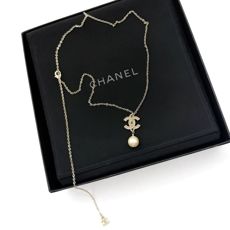 Chanel sparkling diamond double C pearl pendant necklace