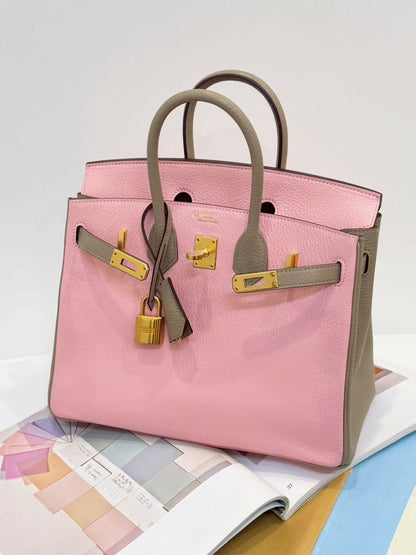 Hermès Birkin 25 Special Order (HSS) Rose Sakura / Cherry Blossom Pink Tricolor Accent Gris Tourterelle W Stamp
