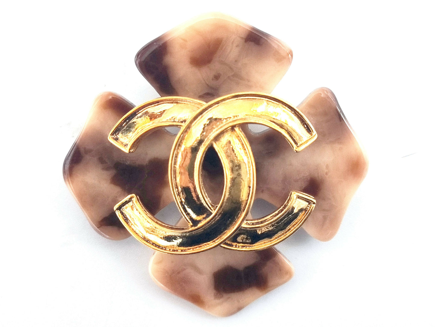Chanel Vintage 94P Tortoiseshell Four-Leaf Clover Coco Mark Brooch