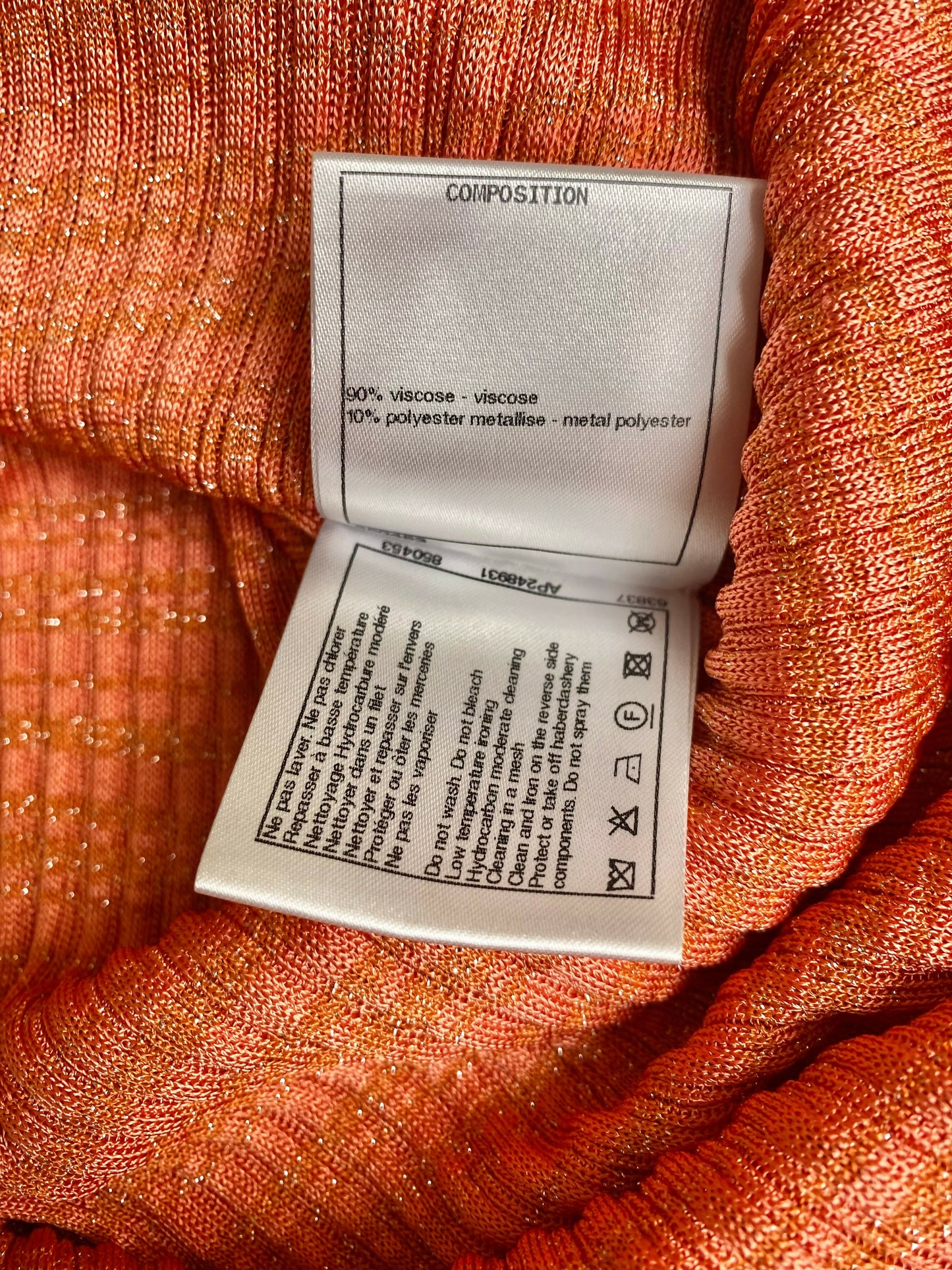 CHANEL 22P PINK CORAL ORANGE RIBBED METALLIC LUREX COLLARED MAXI DRESS FR 46