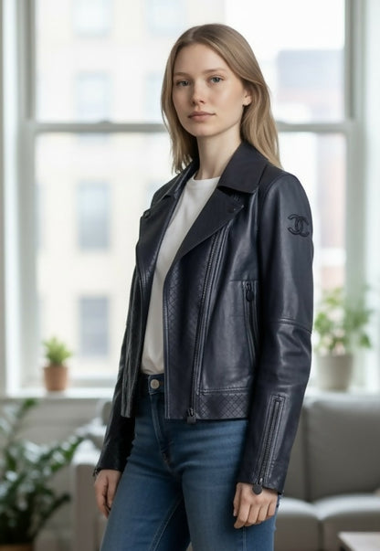 Chanel 12P Dark Blue Petrol Quilted Leather Biker Jacket FR 36