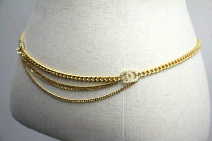 Chanel F22A Metal Rhinestones Two CC Gold-tone Chunky Waist Chain Belt L85