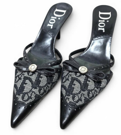 VINTAGE Y2K DIOR TROTTER MONOGRAM BOW POINTED MULE KITTEN HEELS IT 37.5 US 7.5