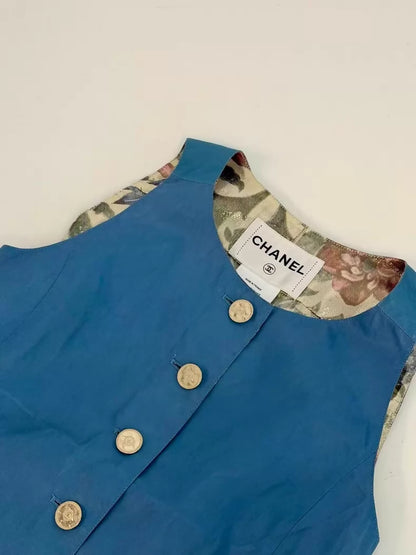 Chanel 15C Blue Floral Lined Leather Vest