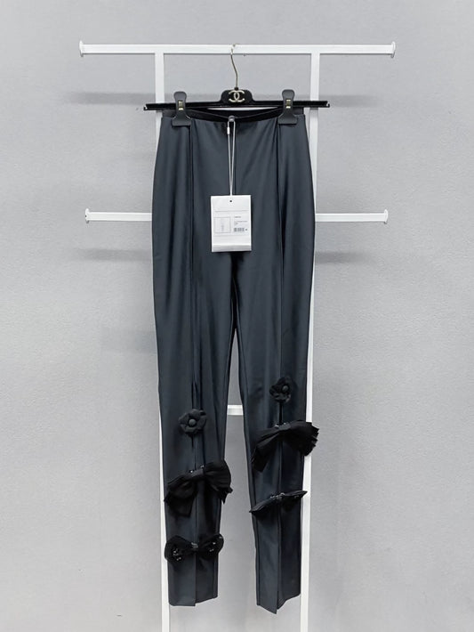 Chanel 21A black silk leggings with bow and rhinestones
