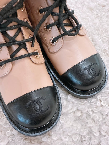 Chanel beige and black two-tone leather ankle boots
