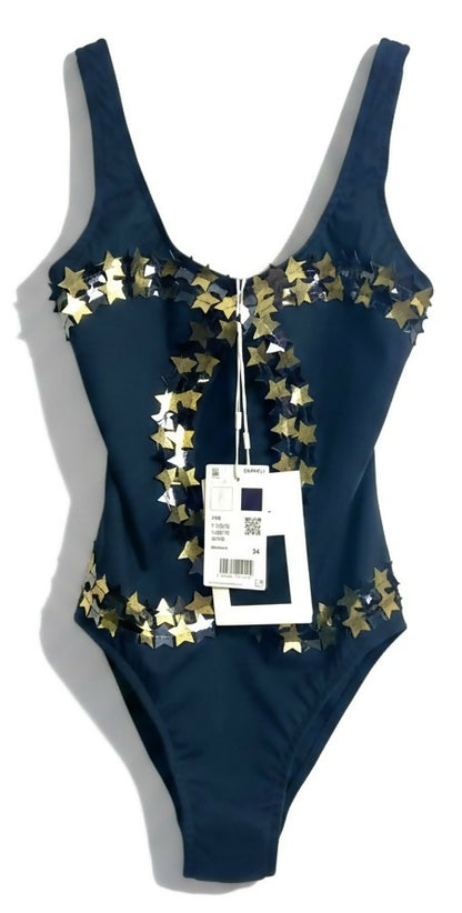 CHANEL 24C RUNWAY NEW TAGS BLACK GOLD STAR APPLIQUÉ SWIMSUIT FR 34