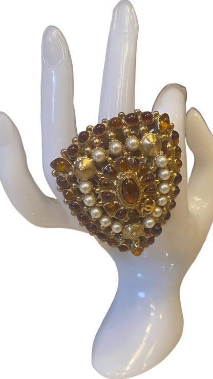 Rare XL 11C Saint Tropez Runway Statement Gold Gripoix Pearl Ring Size US 6 EU 52