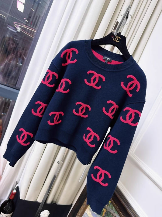 Chanel 21p navy blue and pink CC sweater