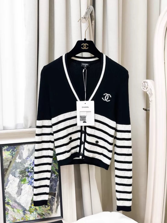 Chanel 22B Black Striped Cashmere cardigan