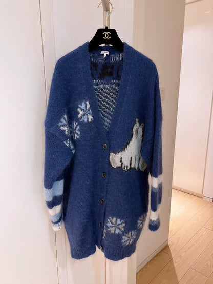 Loewe Blue Glacier Polar Bear Long Mohair Knit Cardigan
