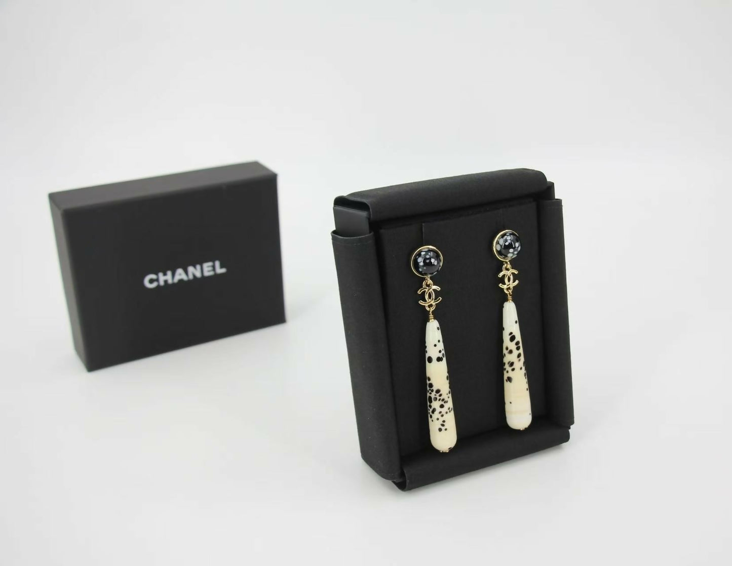 Chanel 26A Resin Polka Dot Black and White Drop Stud Earrings