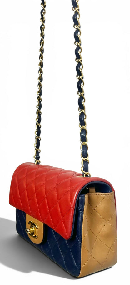 Rare Chanel 13A Edinburgh Tricolor Navy Red Caramel Quilted Lambskin Mini Classic Flap Bag GHW