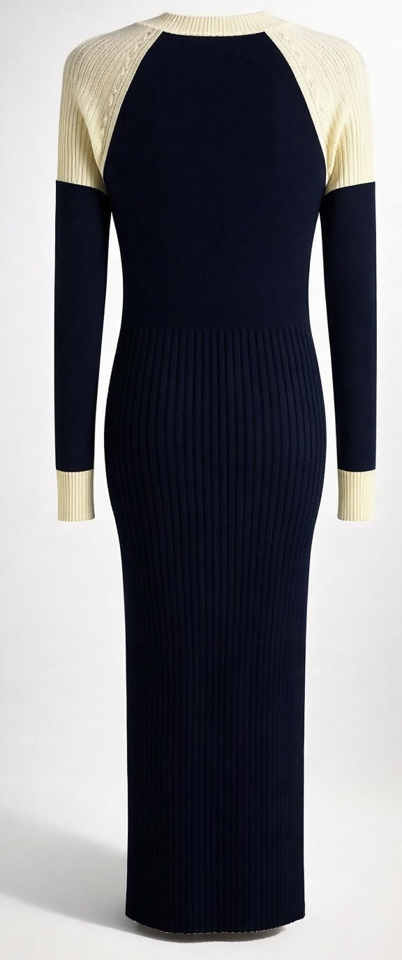 CHANEL 2019 MAXI BLACK CREAM WOOL SWEATER DRESS FR 44