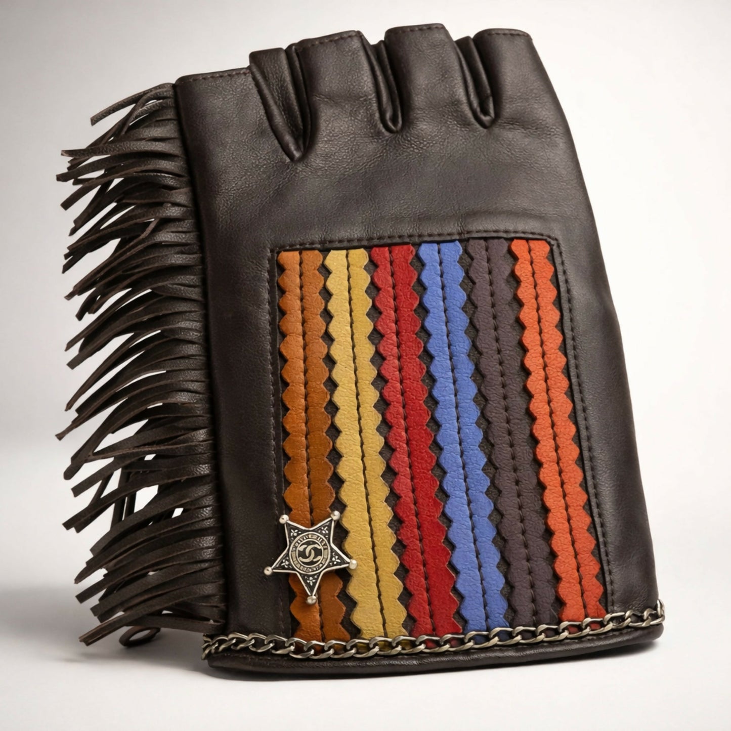 Rare Chanel 14A Paris Dallas Dark Brown Multicolor Gloves Size 8