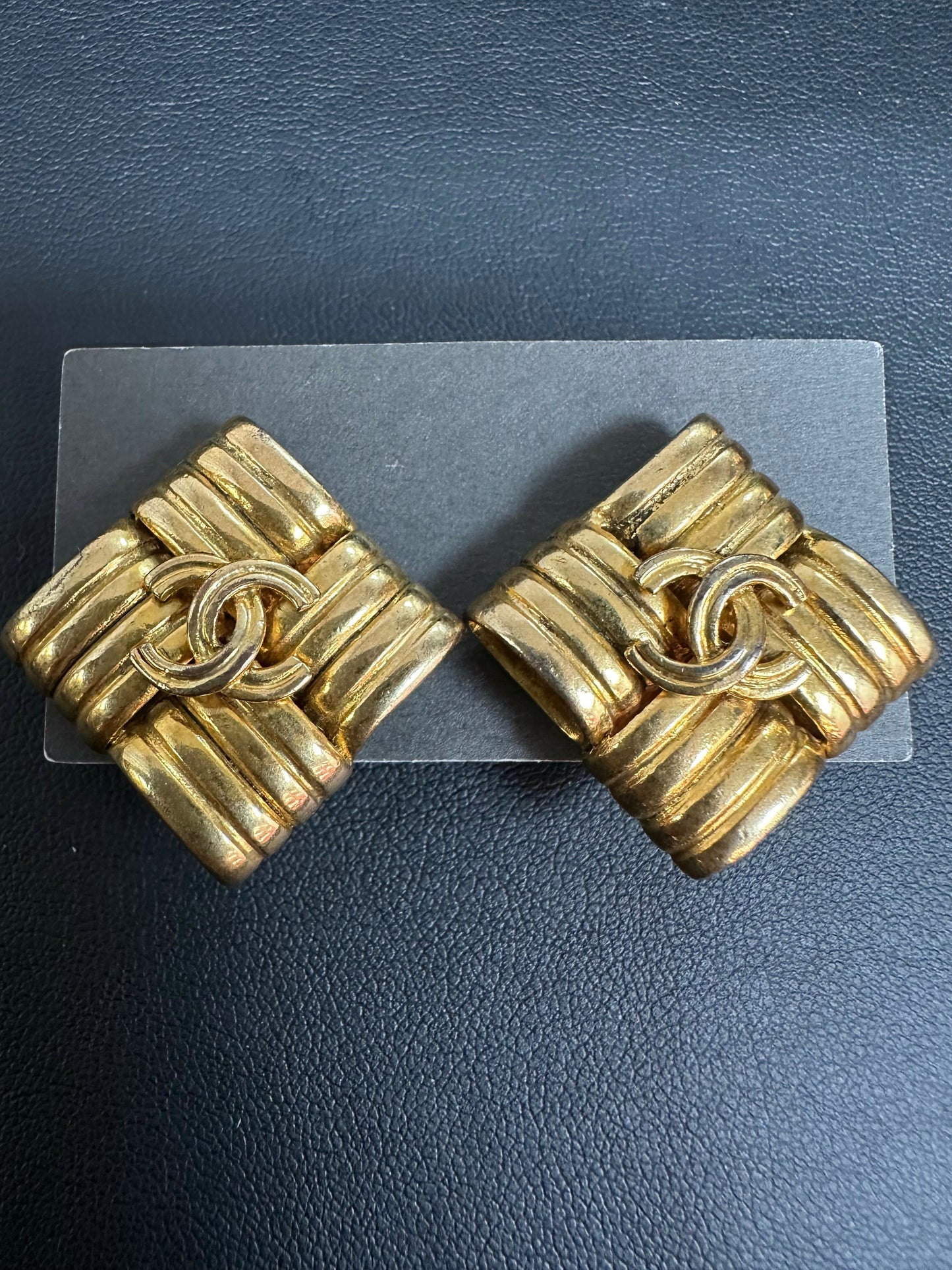 Chanel Vintage 96 Gold Plated Rhombus CC Logo Clip-on Earrings