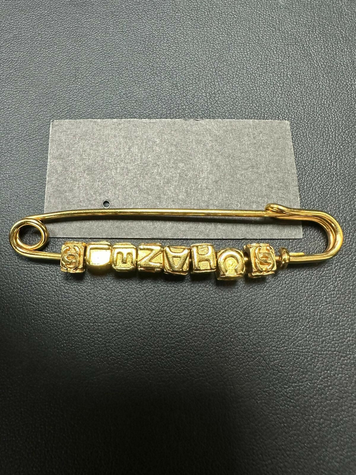 Chanel Vintage 01P Gold Plated English Lettering Gold Tone Safety Pin Brooch
