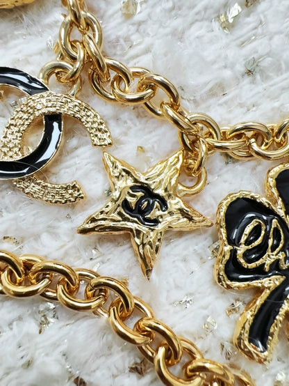 Chanel 24P Vintage Gold Double C Enamel Heart, Star, and Four-Leaf Clover Double Waist Chain