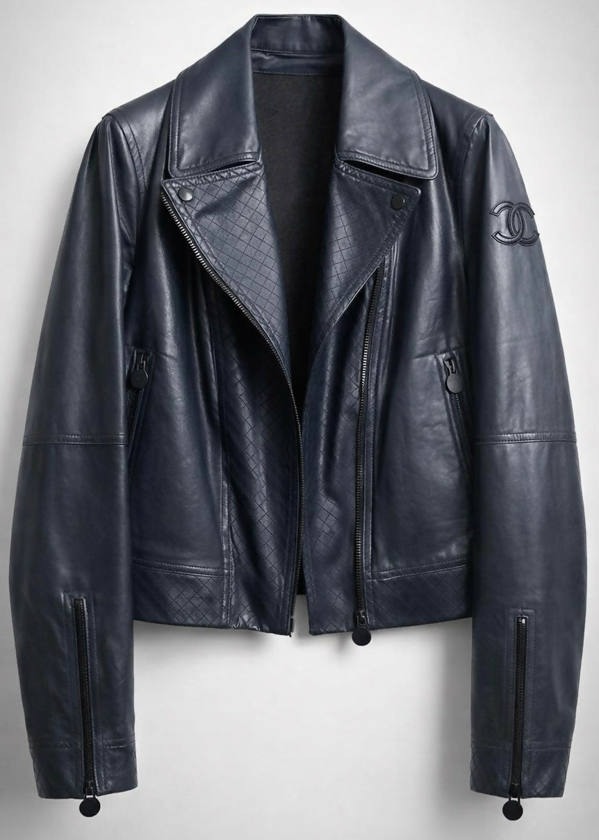Chanel 12P Dark Blue Petrol Quilted Leather Biker Jacket