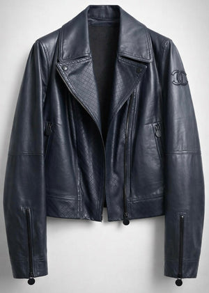 Chanel 12P Dark Blue Petrol Quilted Leather Biker Jacket