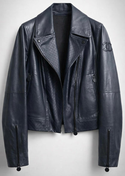 Chanel 12P Dark Blue Petrol Quilted Leather Biker Jacket