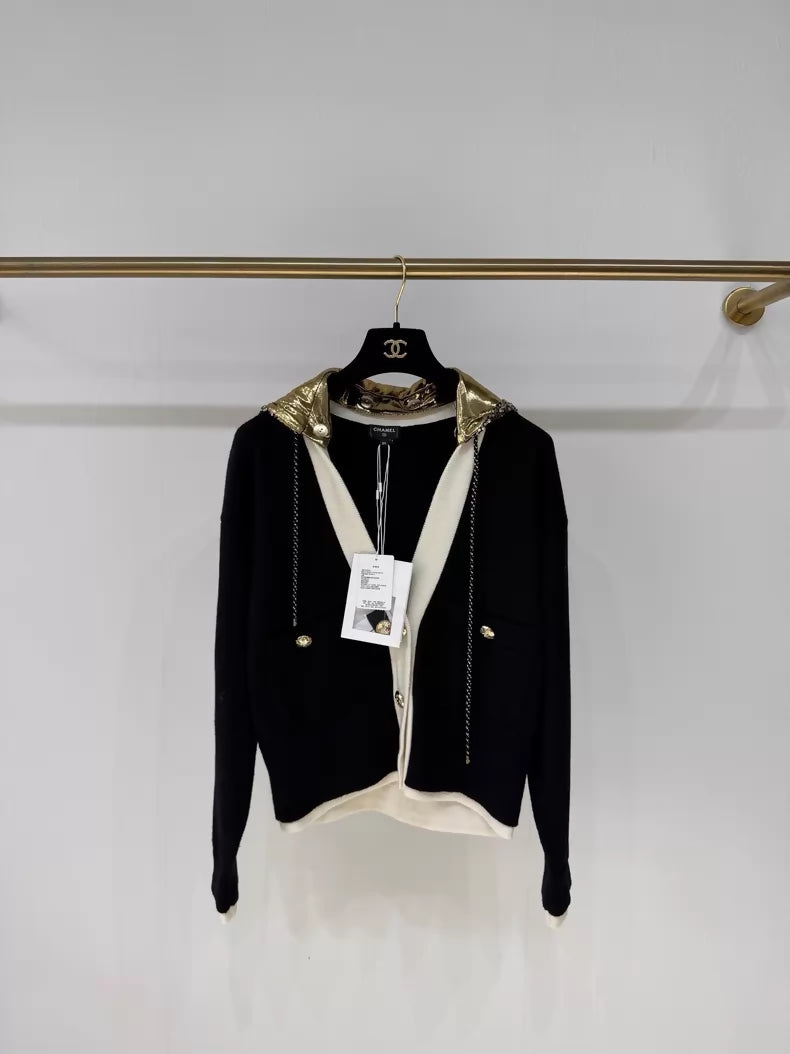 Chanel 24C black/white/gold sequined hoodie cardigan