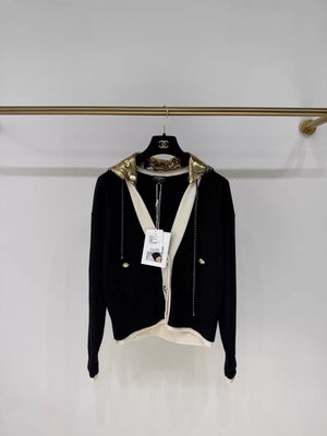 Chanel 24C black/white/gold sequined hoodie cardigan