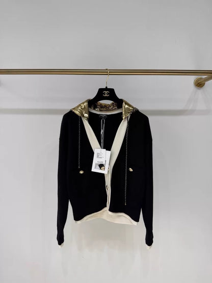 Chanel 24C black/white/gold sequined hoodie cardigan