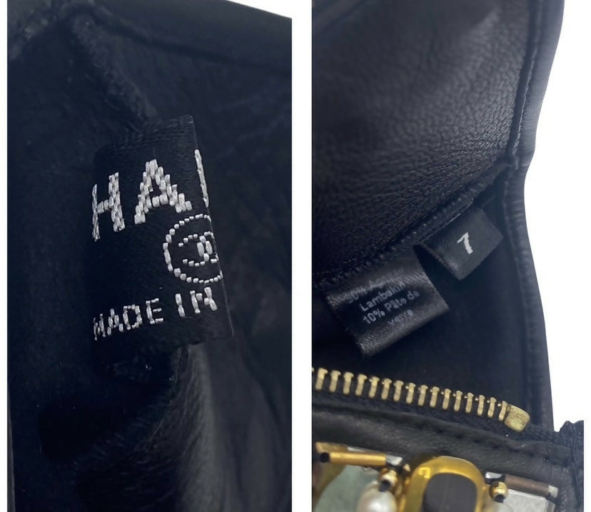 RARE Chanel 11A Paris Byzance Black Leather Jeweled Stone Gloves Size 7