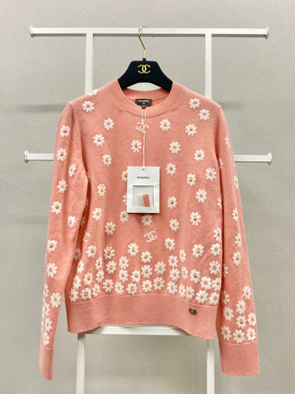 Chanel 22P Orange Daisy Pattern Cashmere Sweater