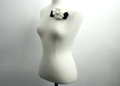 Chanel Vintage 81-85 Fabric Dark Blue Camellia Ribbon Brooch