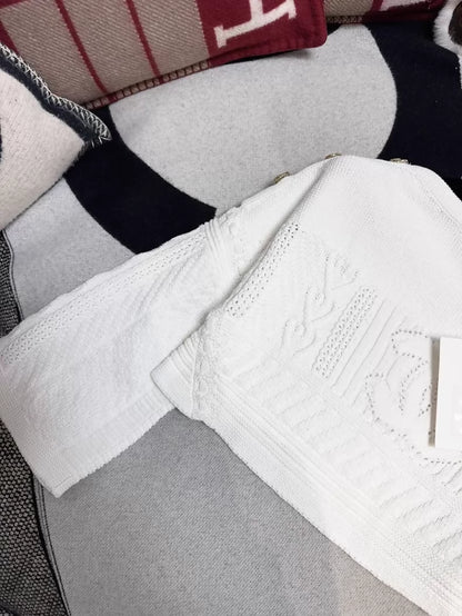 Chanel 20P White Double C Jacquard Knit Off-Shoulder Top