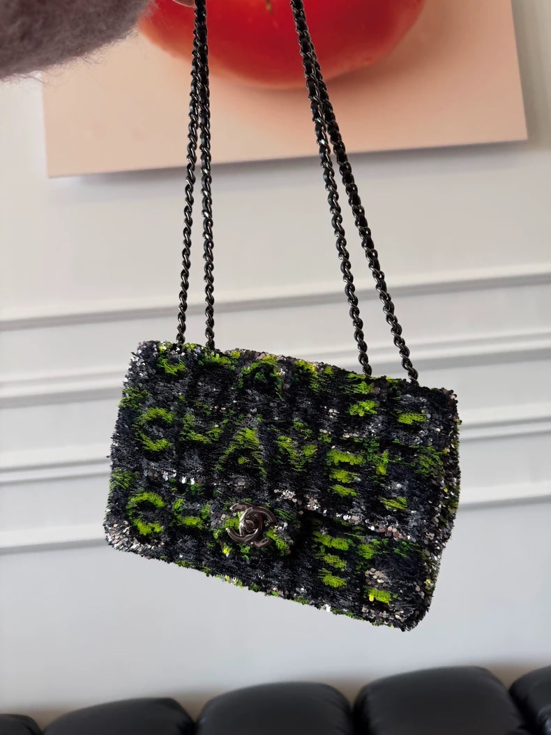 Mini Chanel CF bag with gradient neon green lettering and sequins